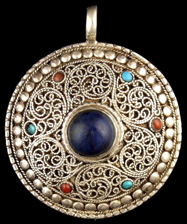 Filigree Mandala Pendant from Nepal with Gemstone (Coral, Turquoise and Lapis Lazuli)