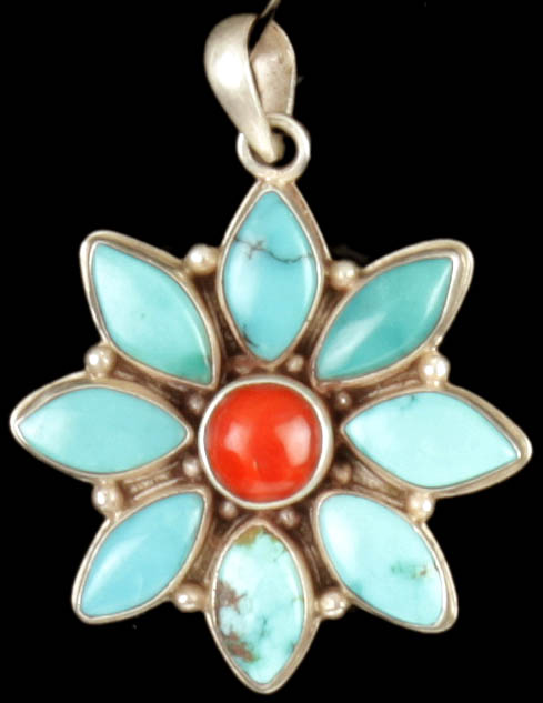 Turquoise Flower Pendant with Coral