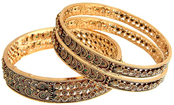 Set of Three Polki Bangles with Knotted Rope
