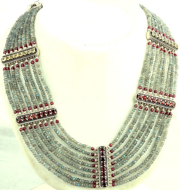 Eight-strand Faceted Labradorite Necklace with Garnet