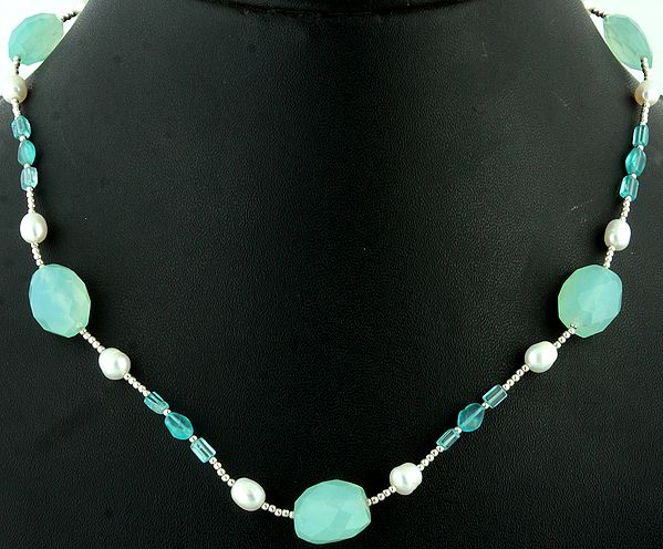 Faceted Peru Chalcedony Necklace with Pearl and Apatite