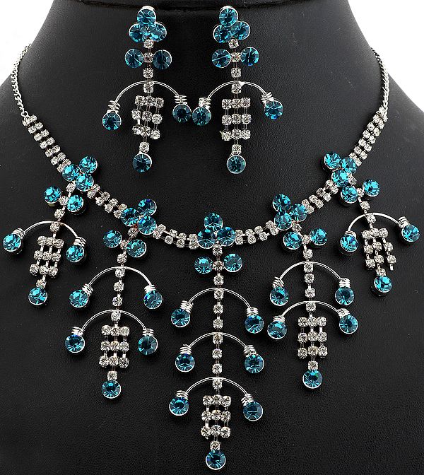 Blue Cut Glass Victorian Necklace with Earrings