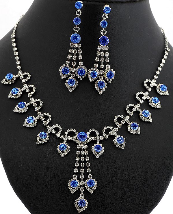 Royal-Blue Cut Glass Victorian Necklace with Earrings Set