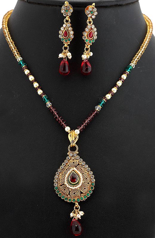 Multi-color Beaded Necklace Set with Faux Emerald and Ruby