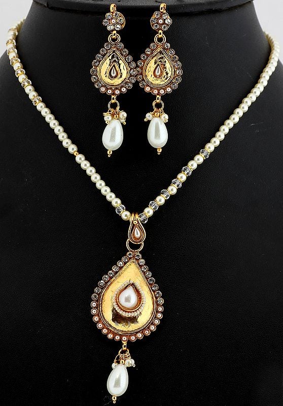 Faux Pearl Beaded Necklace with Earrings Set