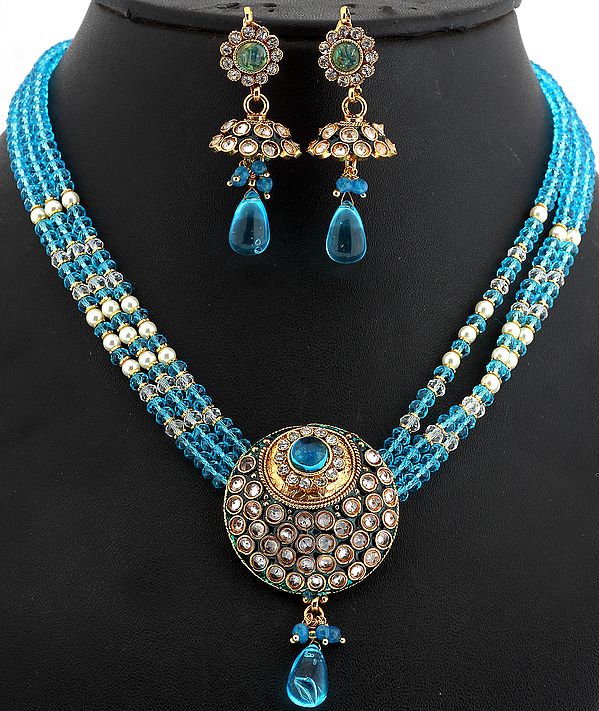 Sky-Blue Beaded Necklace with Earrings Set