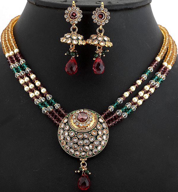 Three-Strand Multi-color Beaded Necklace with Earrings Set