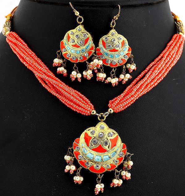 Coral Color Necklace and Earrings Set with Golden Ascent