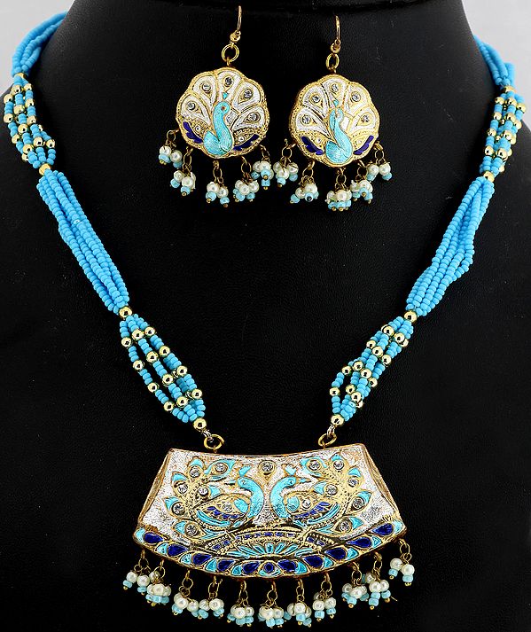 Turquoise Color Beaded Necklace Set with Peacock Pair