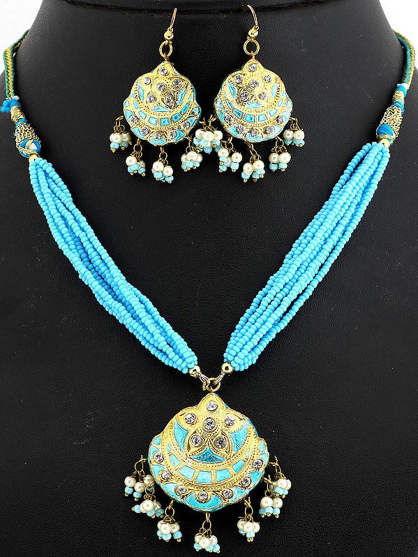 Turquoise Necklace Set with Peacock Pair and Golden Accent