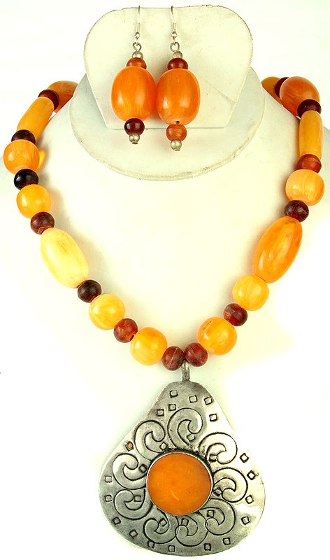 Orange Color Beaded Necklace with Earrings Set
