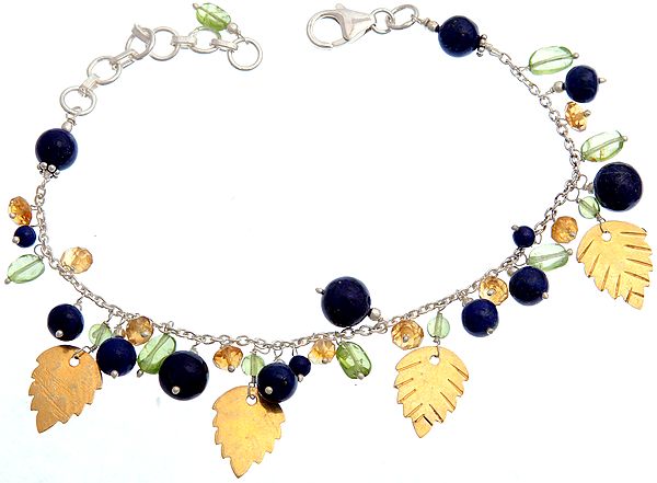 Lapis Lazuli, Peridot and Citrine Bracelet with Gold Plated Leaves