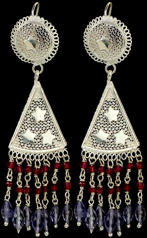 Filigree Earrings with Faceted Garnet and Iolite