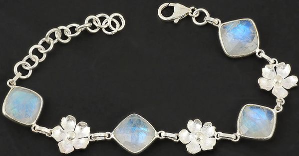 Faceted Rainbow Moonstone Bracelet with Sterling Flowers