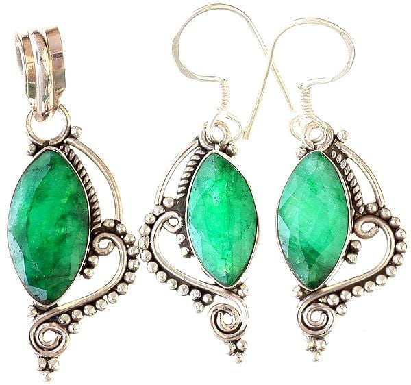 Faceted Emerald Pendant with Earrings Set