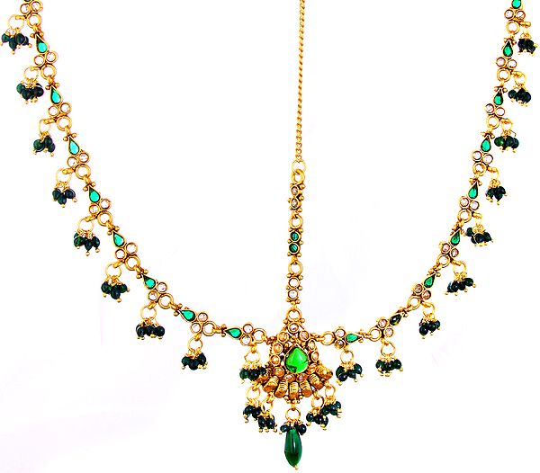 Polki Maatha-Patti (Forehead Ornament) with Faux Emerald