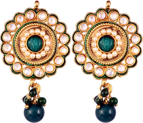 Polki Earrings with Faux Pearl and Emerald