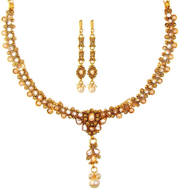Polki Necklace Set with Faux Pearl and Cut Glass