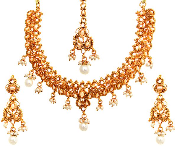 Faux Pearl Polki Necklace and Earrings Set with Mang Tika