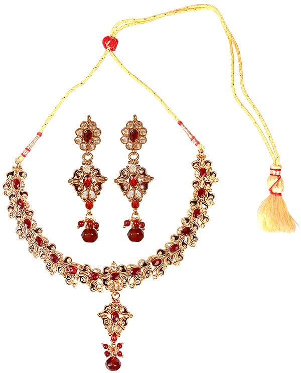 Garnet-Red Polki Necklace with Earrings Set