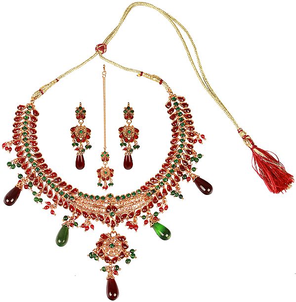 Faux Ruby and Emerald Polki Necklace with Earrings and Mang Tika