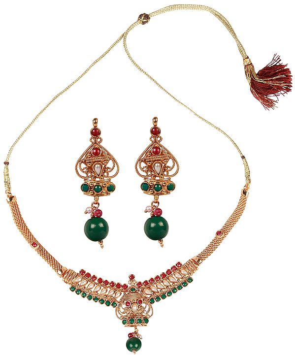 Polki Necklace Set with Faux Ruby, Emerald and Pearl
