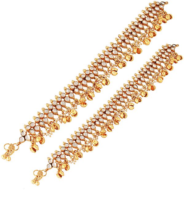 Kundan Anklets with Faux Pearl Beads (Price Per Pair)