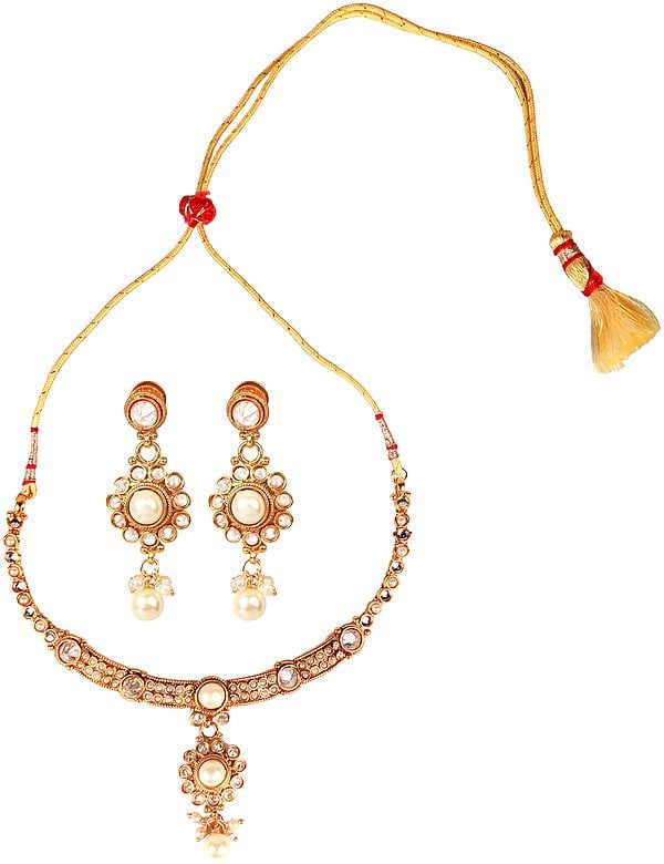 Polki Necklace and Earrings Set with Faux Pearl