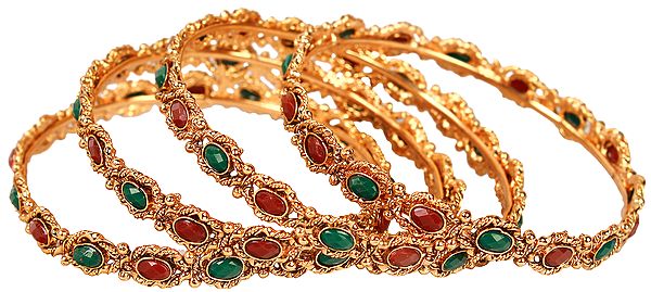 Set of Four Bridal Bangles with Faux Ruby and Emerald