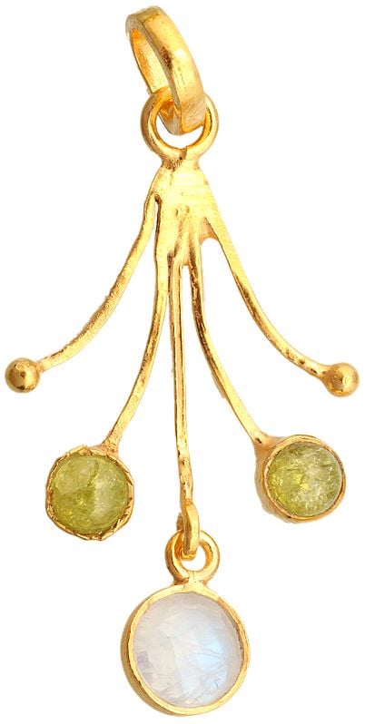 Twin Peridot Gold Plated Pendant with Rainbow Moonstone
