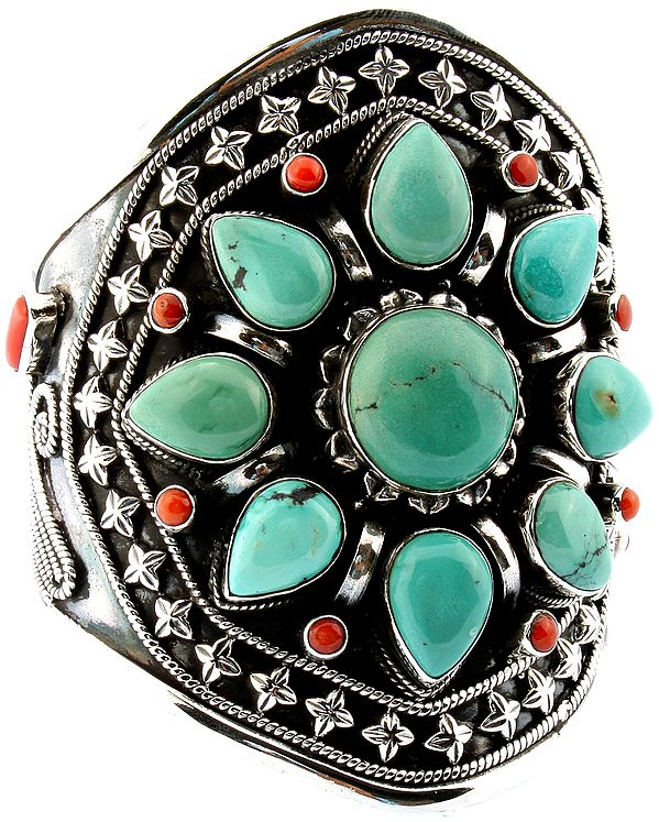 Rigid Sterling Silver Bracelet Embedded with Turquoise and Coral Beads