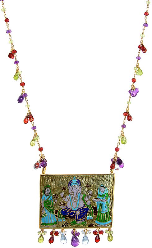 Lord Ganesha Meenakari Necklace with Riddhi and Siddhi and Gemstones