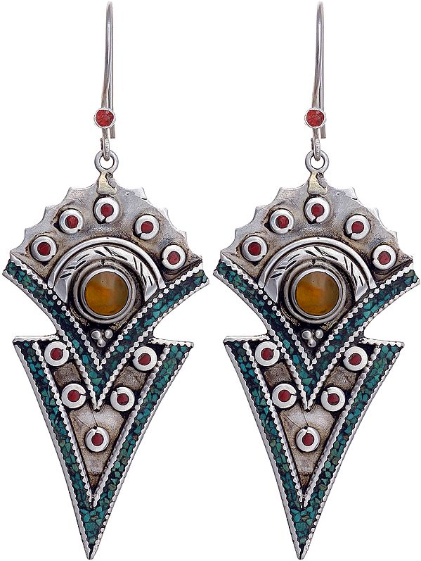 Amber and Coral Arrowhead Afghani Earrings
