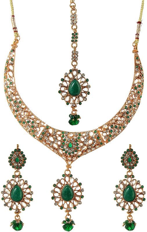 Emerald Green Polki Necklace with Earrings and Mang Tika Set