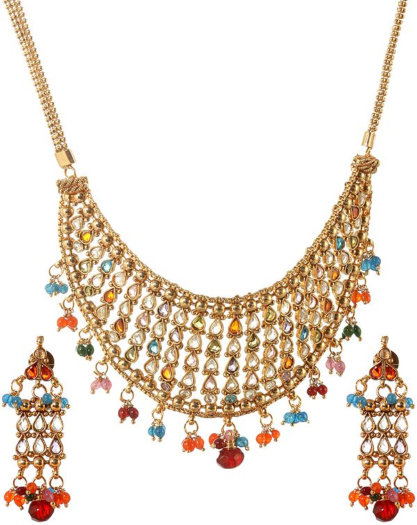 Crescent-Shaped Multi-color Polki Necklace with Earrings Set