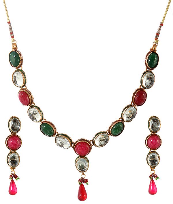Faux Ruby and Emerald Necklace Set with Crystal