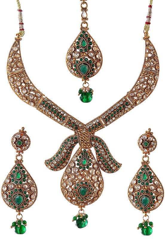 Faux Emerald Bridal Necklace Set with Mang Tika