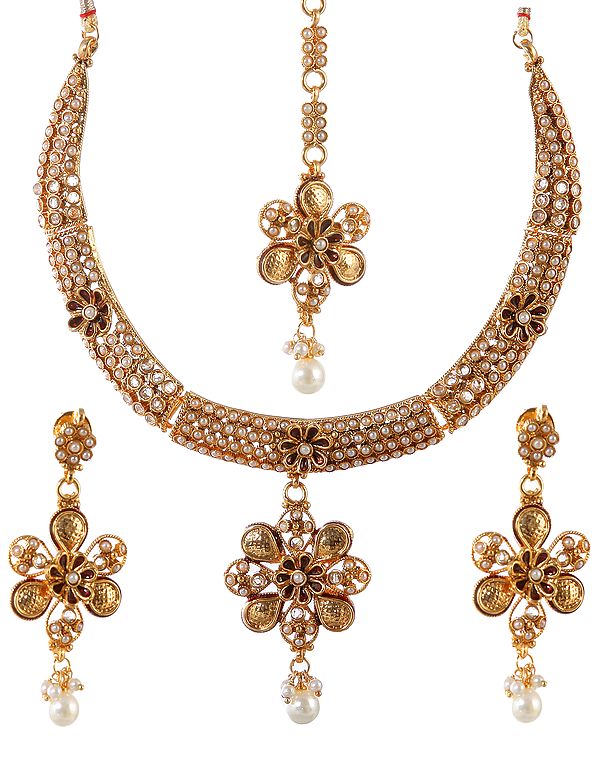 Faux Pearl Necklace and Earrings Set with Mang Tika