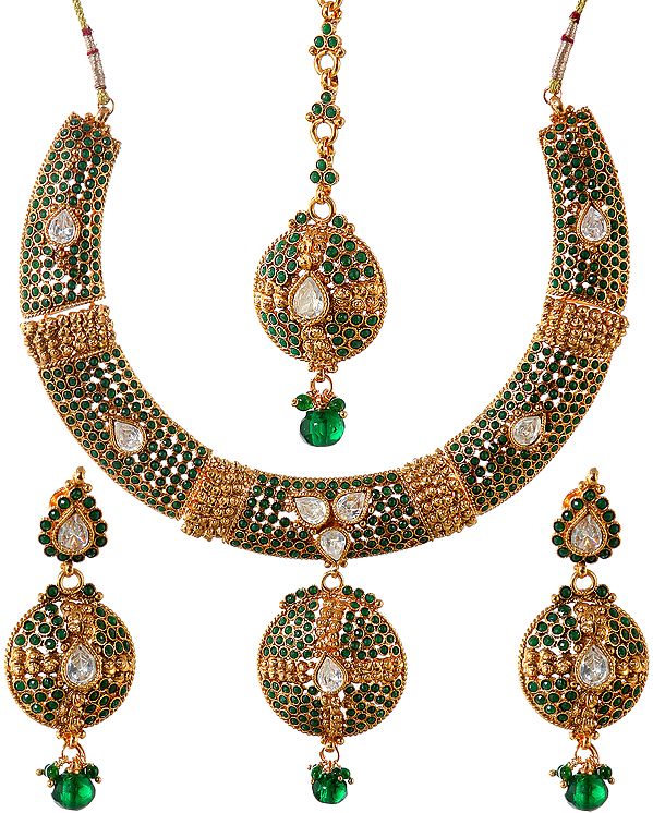 Faux Emerald and Crystal Polki Necklace Set with Large Pendant