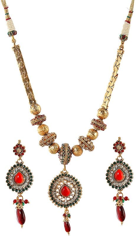 Tri-Color Polki Beaded Necklace with Earrings Set