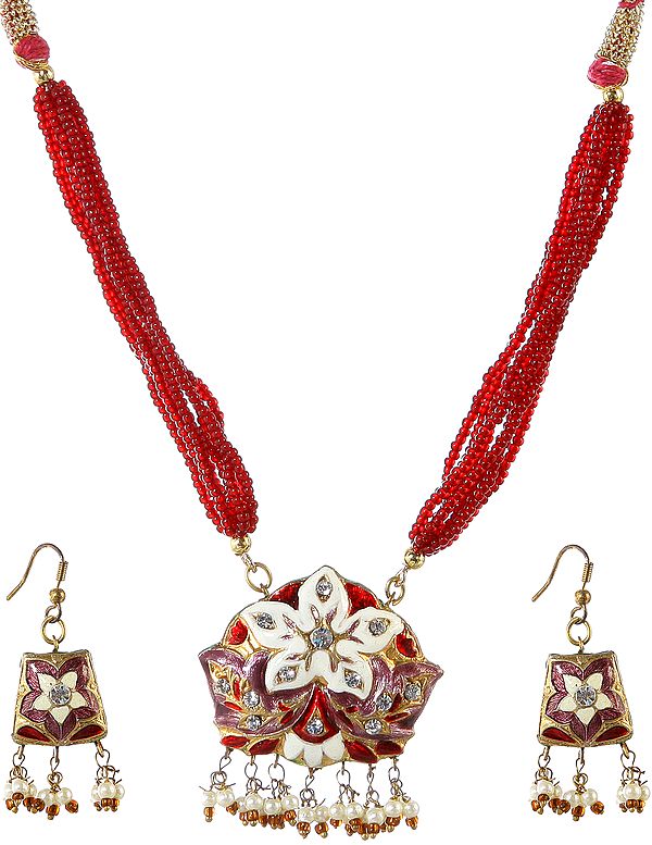 Rust Meenakari Peacock Necklace with Earrings Set