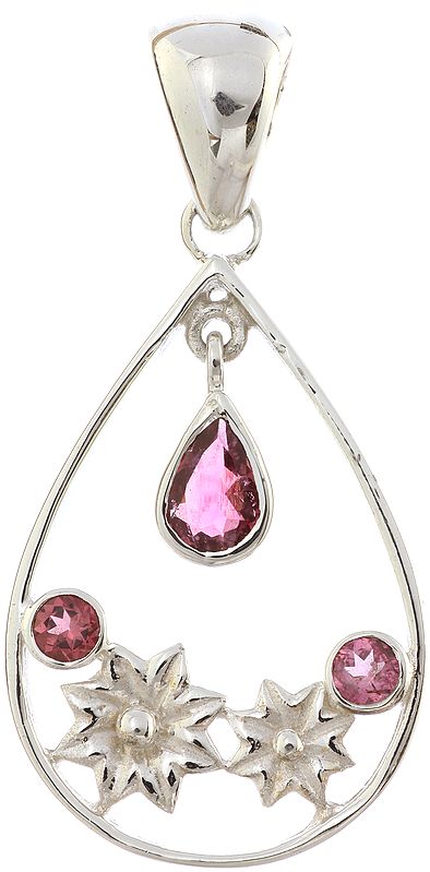 Faceted Pink Tourmaline Pendant with Twin Blooming Flowers