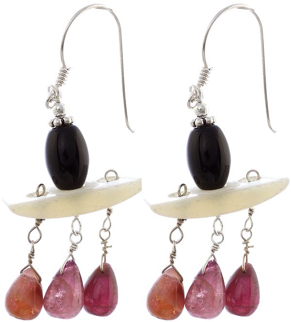 Three Gemstones Earrings (Black Onyx, MOP and Pink Tourmaline)