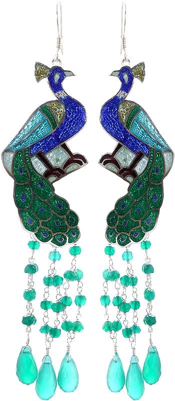 Peacock Meenakari Earrings with Faceted Green Onyx