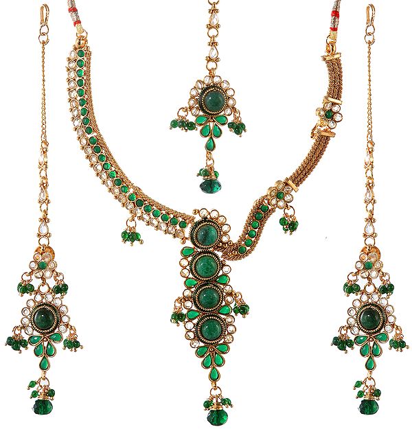 Faux Emerald Necklace with Earwrap Earrings and Mang Tika Set