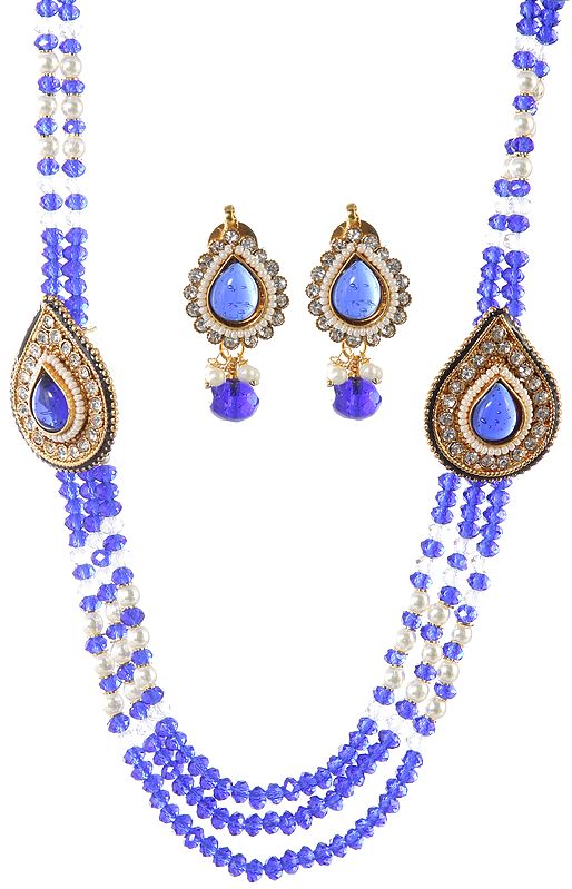 Three-Strand Blue Beaded Necklace Set with Faux Pearl