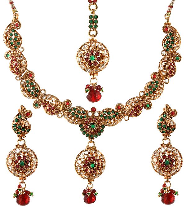 Designer Paisley Necklace Set with Faux Ruby and Emerald