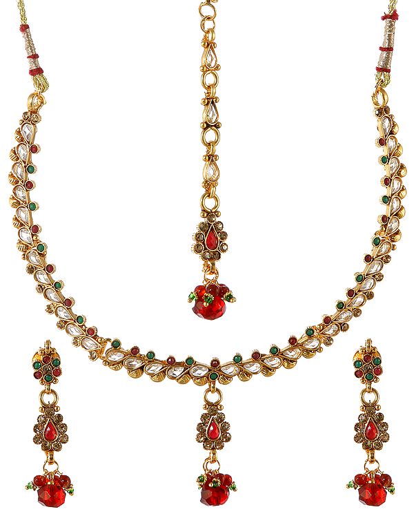 Foliate Polki Necklace Set with Faux Ruby and Emerald