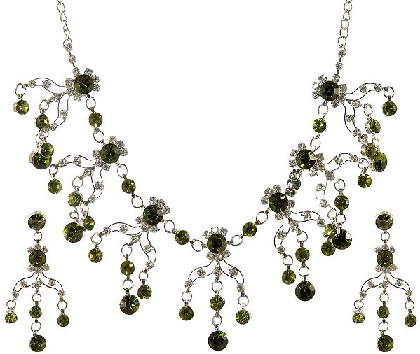 Green Victorian Necklace and Earrings Set with Cut Glass
