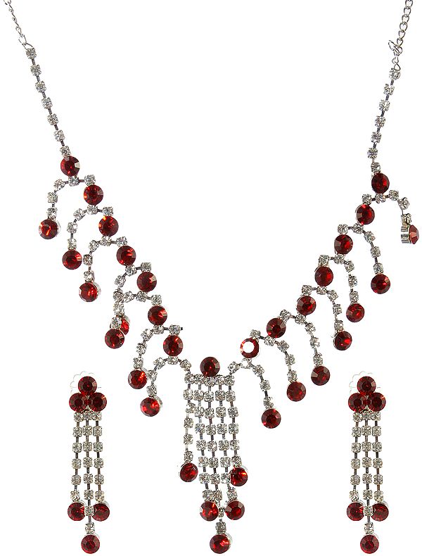 Garnet-Red Victorian Necklace and Earrings Set with Cut Glass